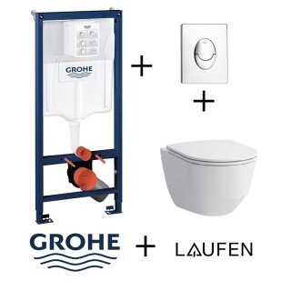 Pack WC Grohé Rapid SL Mural + Cuvette sans bride Rimless Slim + Plaque Chromée Brillante**